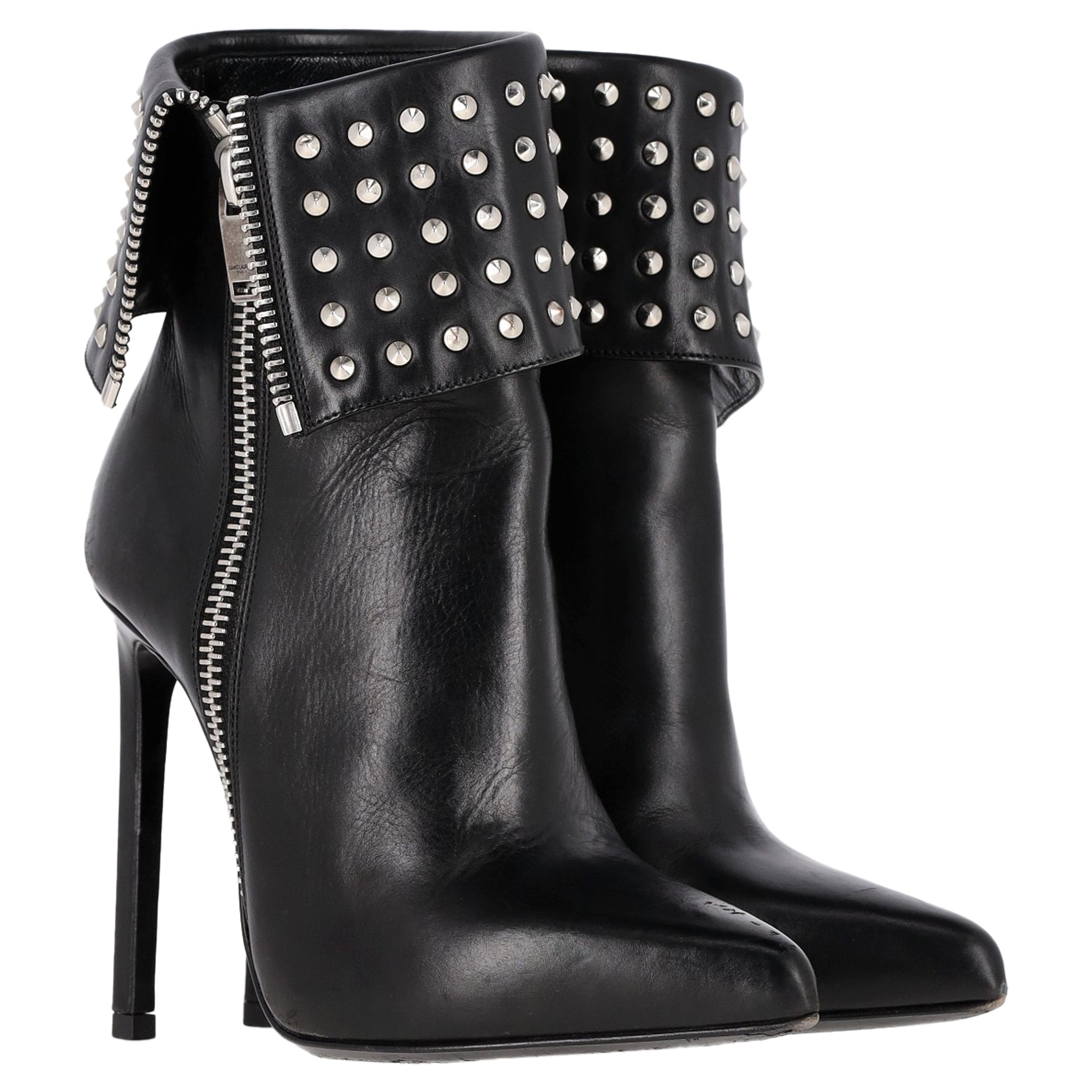 Saint Laurent Paris Fold Over Studded Booties in Black Leather