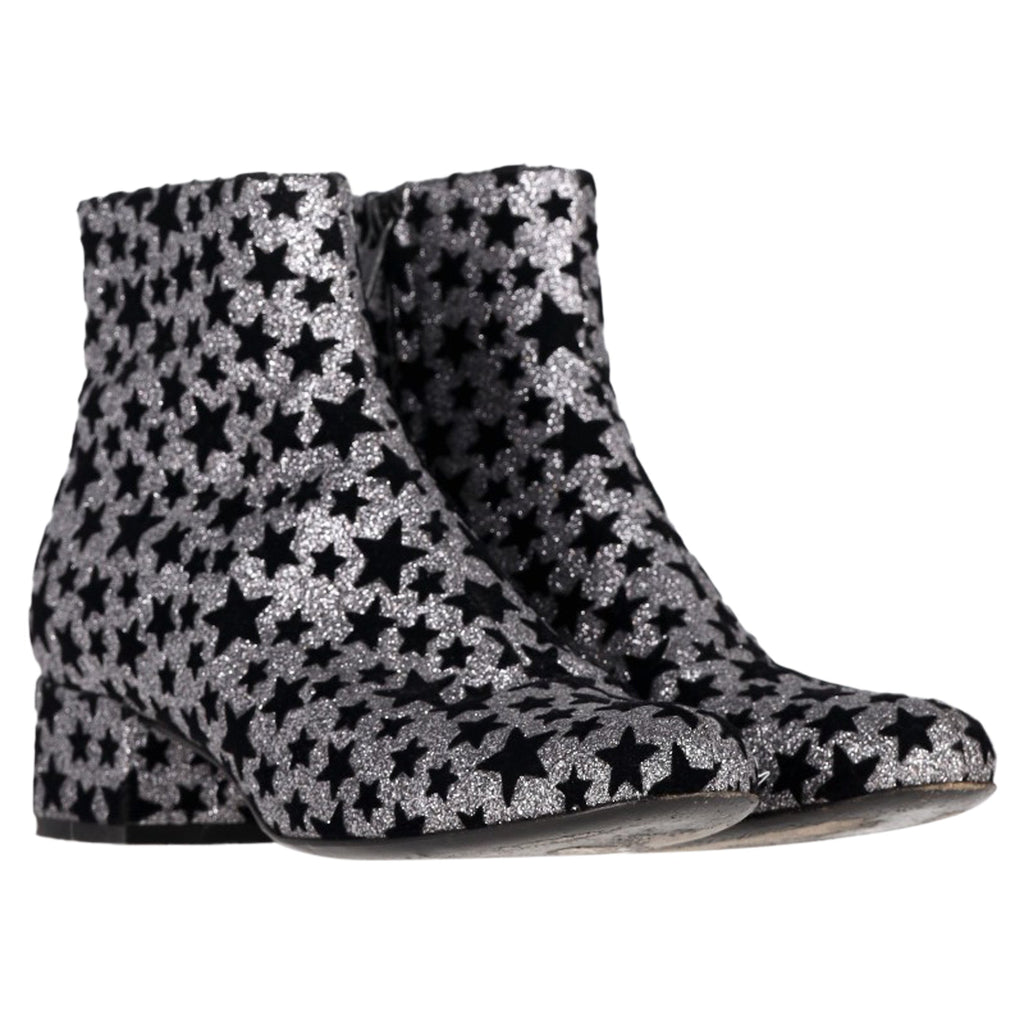 Women's Saint Laurent Star Print Ankle Boots in Silver Glitter
