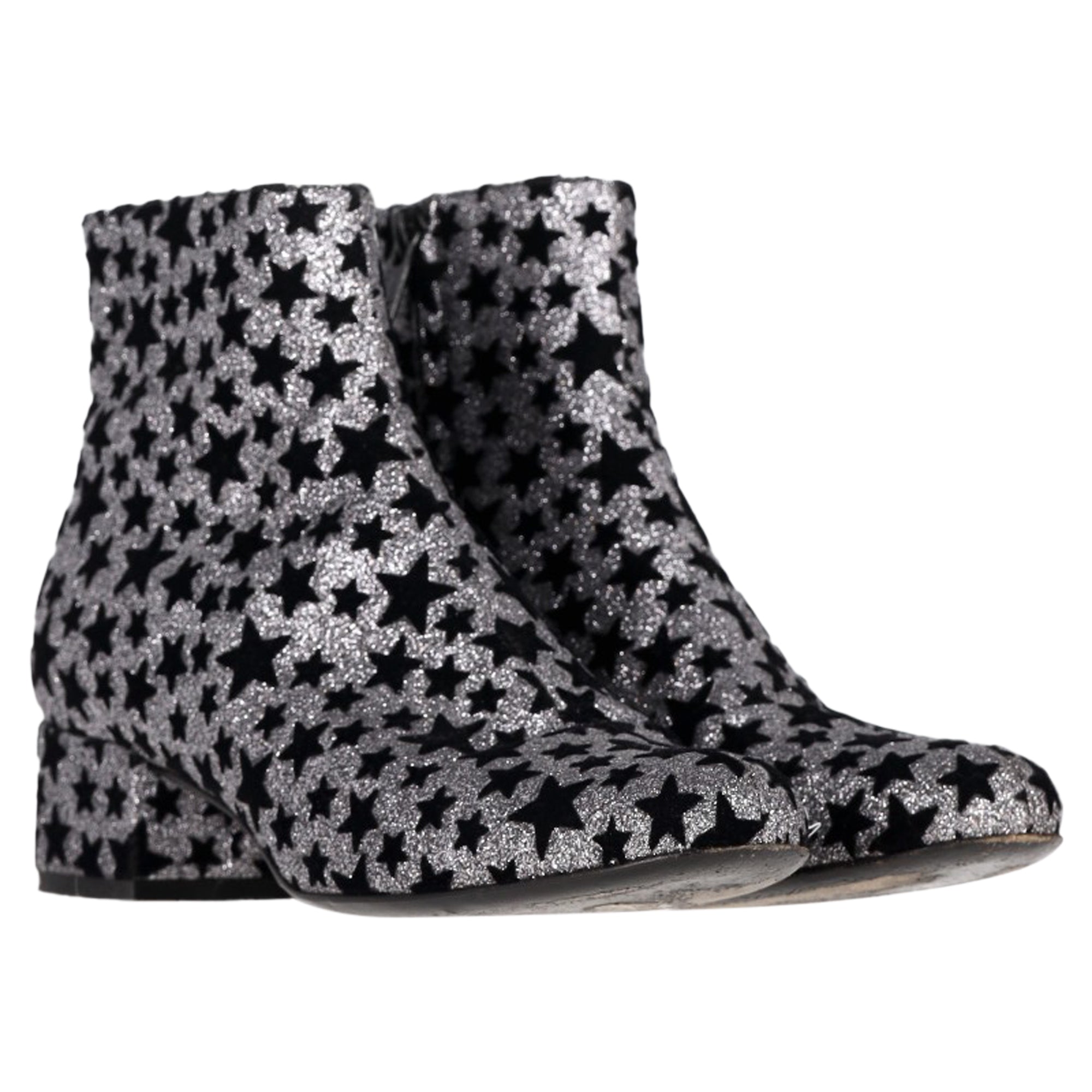 Women's Saint Laurent Star Print Ankle Boots in Silver Glitter