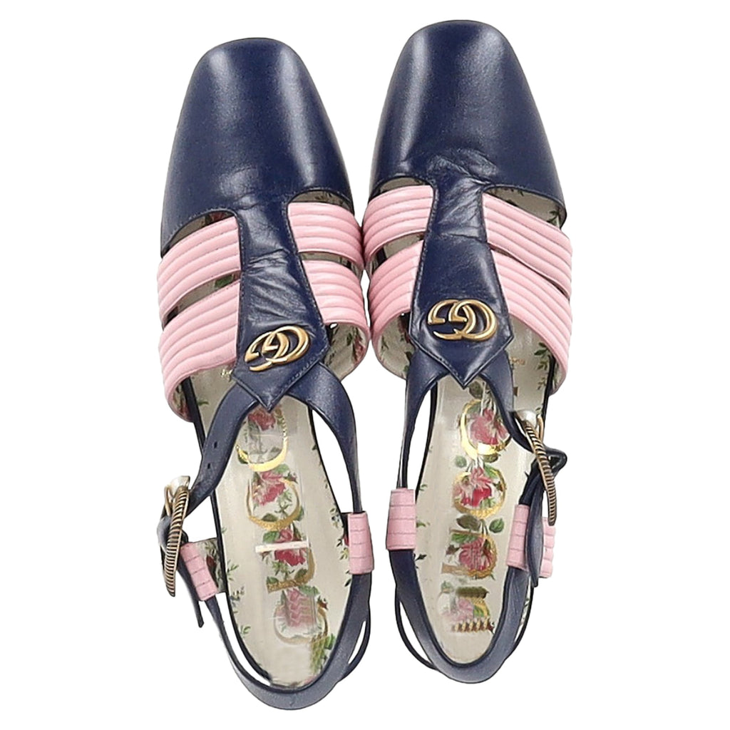 Gucci GG Logo T-Strap Mid-Heeled Sandals in Blue and Pink Leather