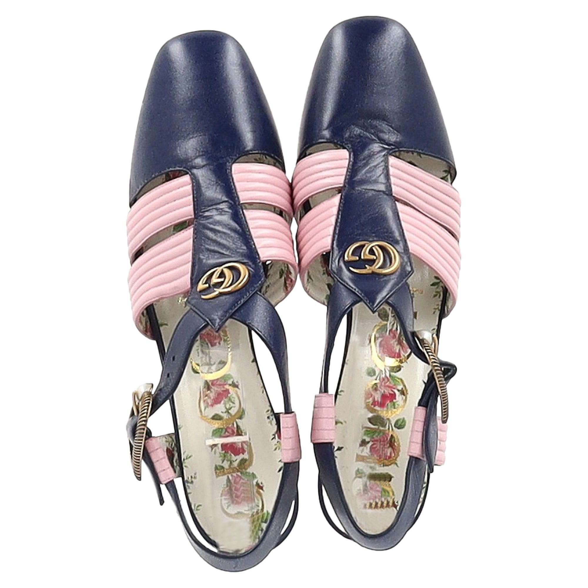 Gucci GG Logo T-Strap Mid-Heeled Sandals in Blue and Pink Leather