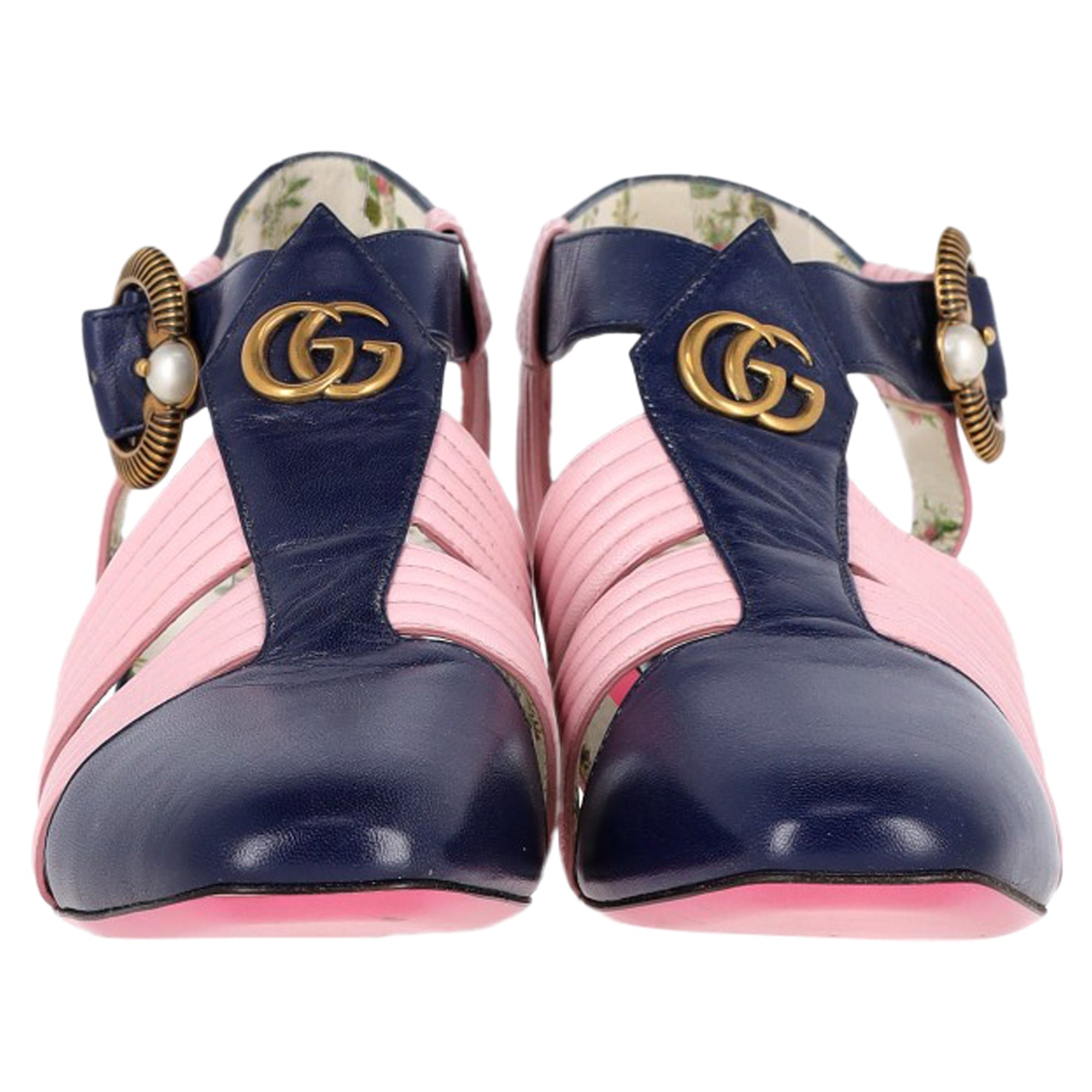 Gucci GG Logo T-Strap Mid-Heeled Sandals in Blue and Pink Leather