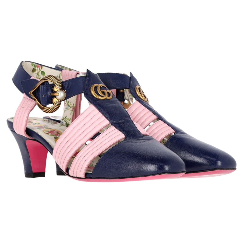 Gucci GG Logo T-Strap Mid-Heeled Sandals in Blue and Pink Leather