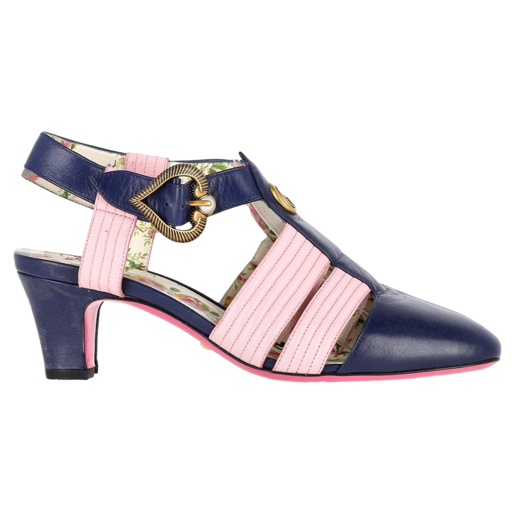 Gucci GG Logo T-Strap Mid-Heeled Sandals in Blue and Pink Leather