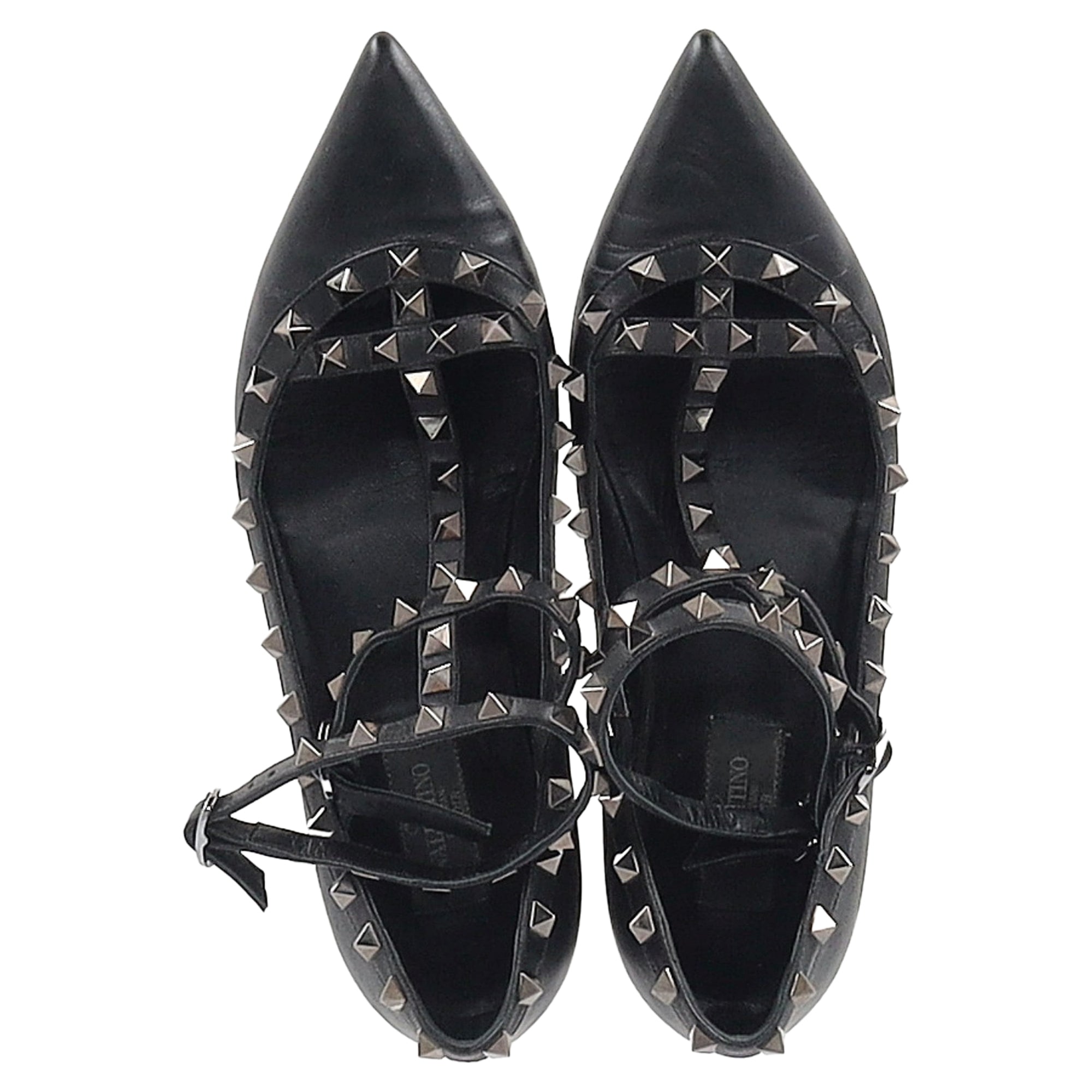 Valentino Garavani Rockstud Caged Strap Ballet Flats in Black Leather