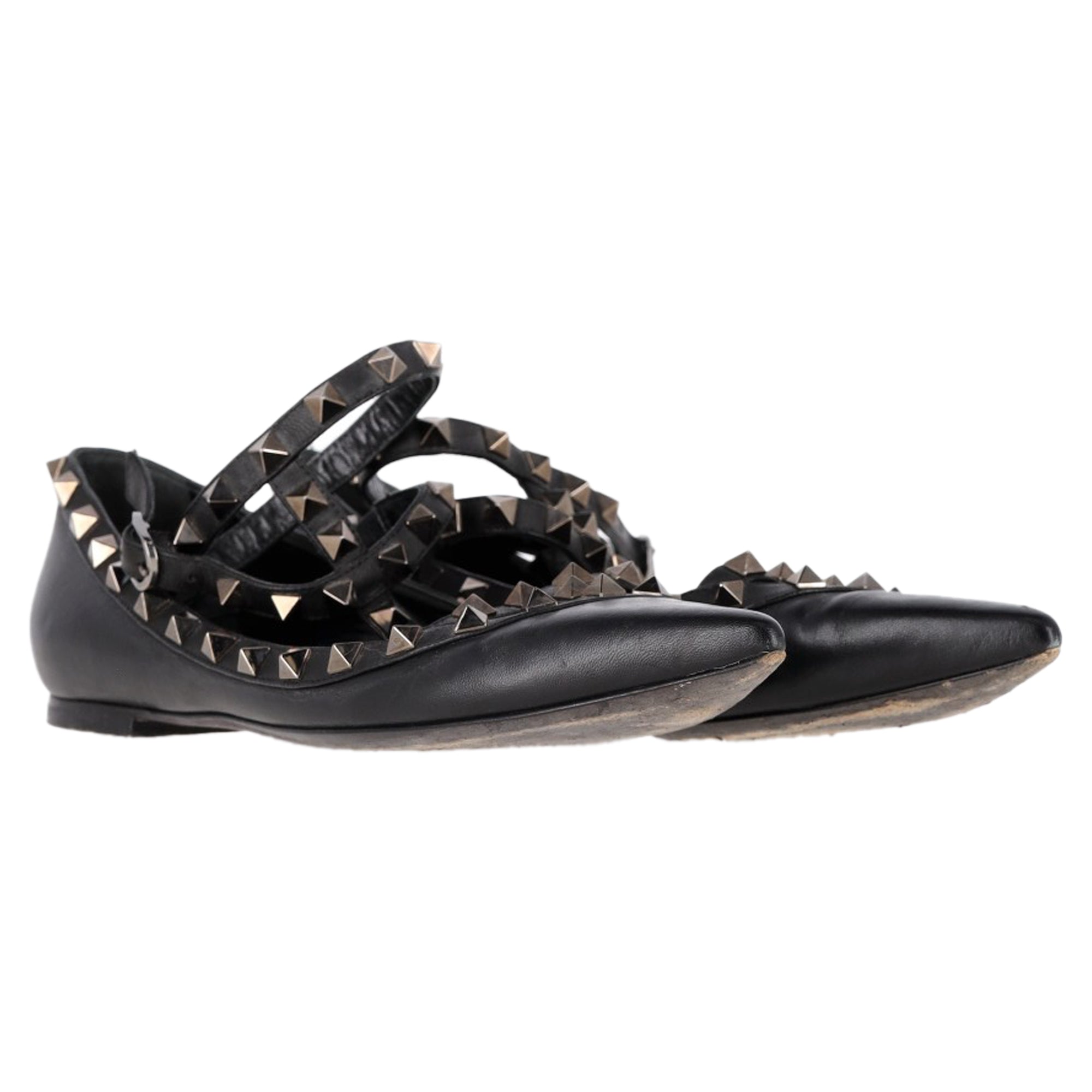 Valentino Garavani Rockstud Caged Strap Ballet Flats in Black Leather