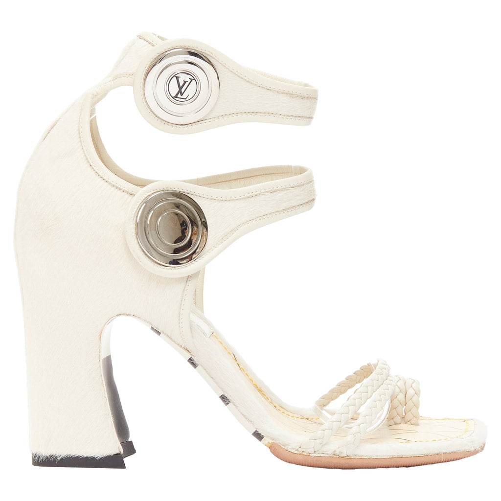 Women's Louis Vuitton Anaconda calf hair silver button braided chunky heel