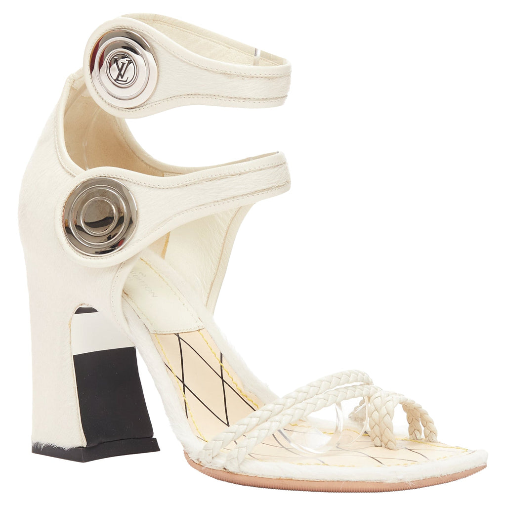 Women's Louis Vuitton Anaconda calf hair silver button braided chunky heel