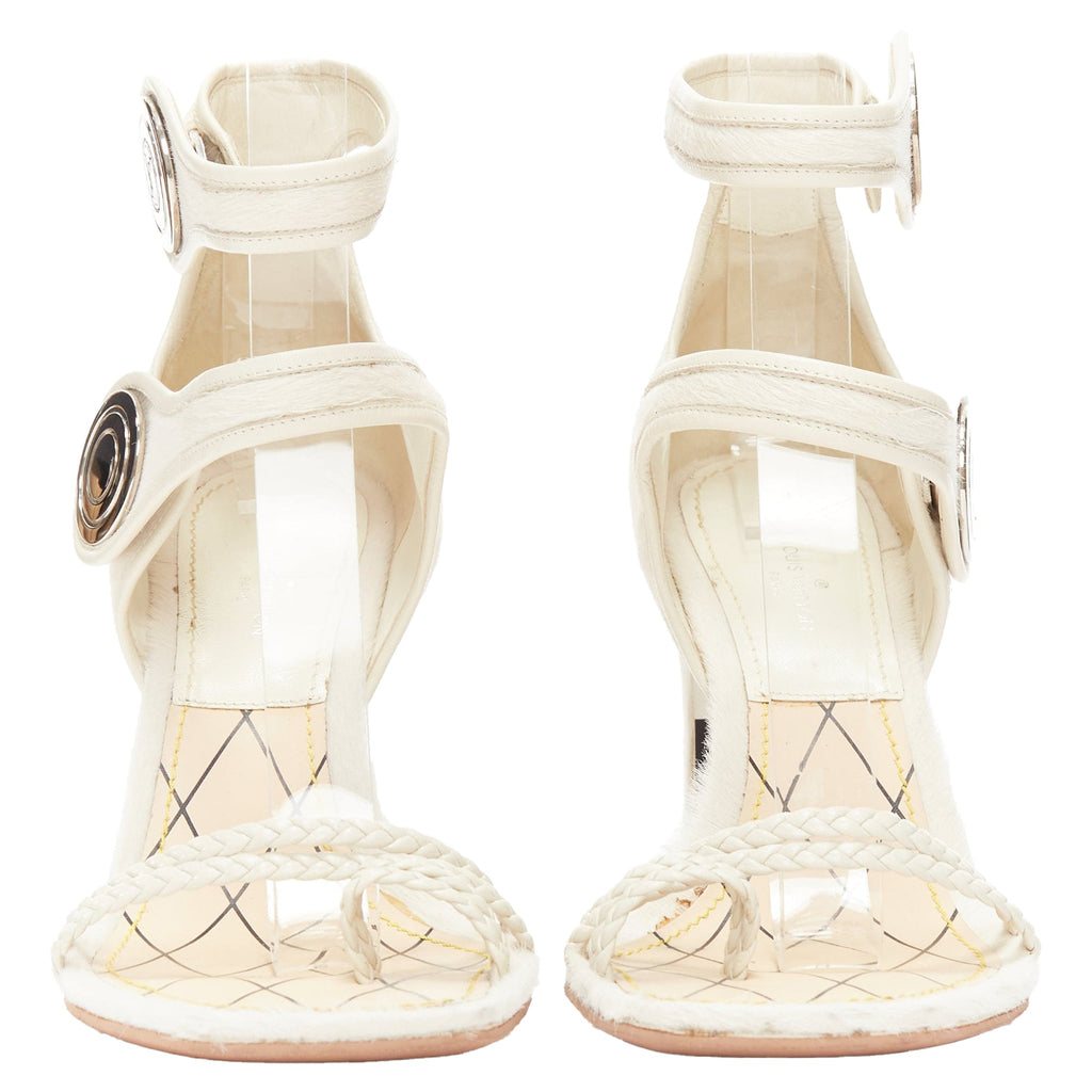 Women's Louis Vuitton Anaconda calf hair silver button braided chunky heel