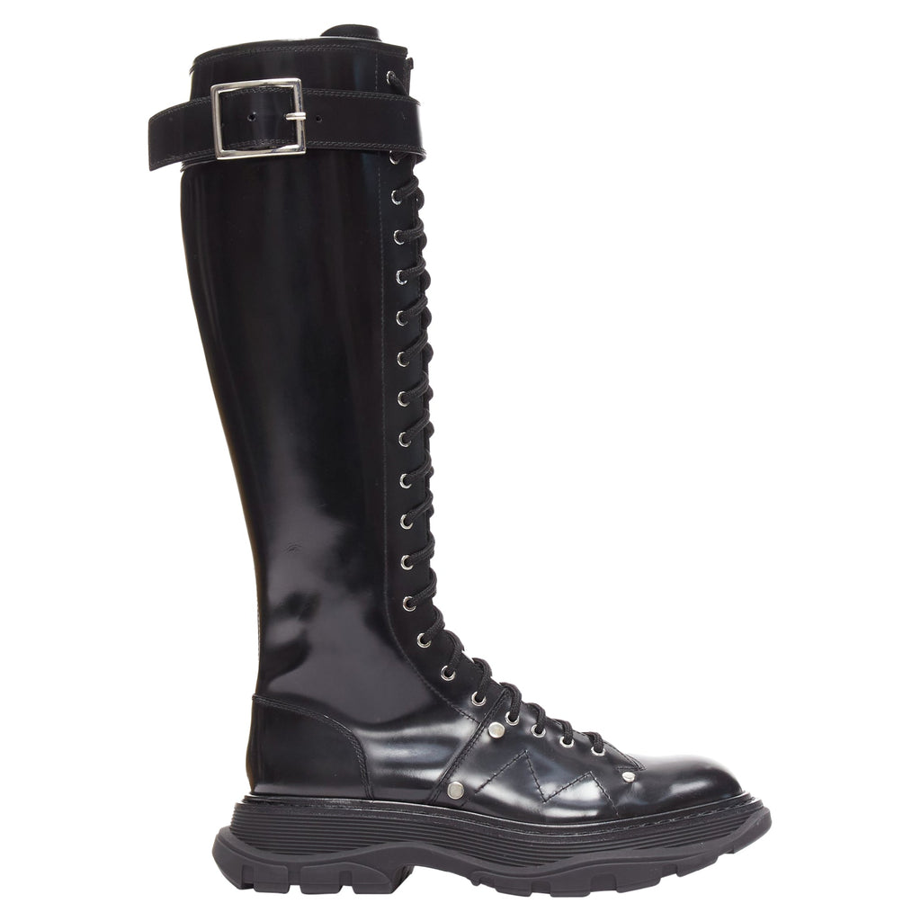 Women's Alexander McQueen Tread leather lace up combat knitee high boot