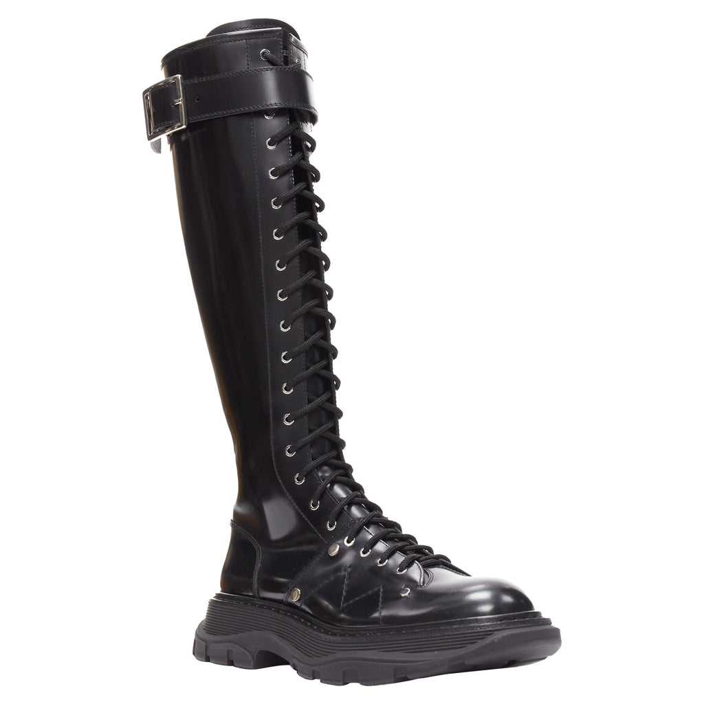 Women's Alexander McQueen Tread leather lace up combat knitee high boot