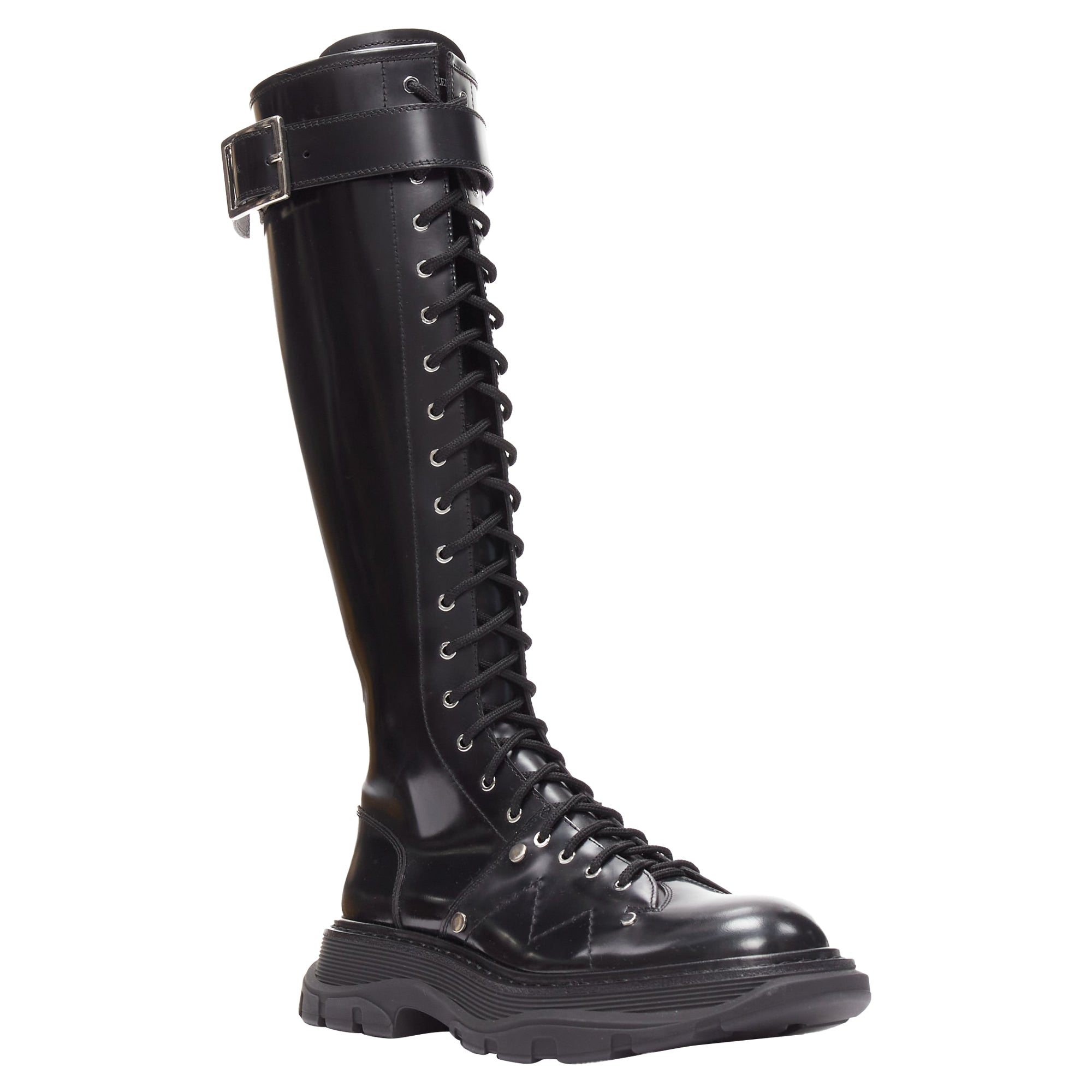 Women's Alexander McQueen Tread leather lace up combat knitee high boot