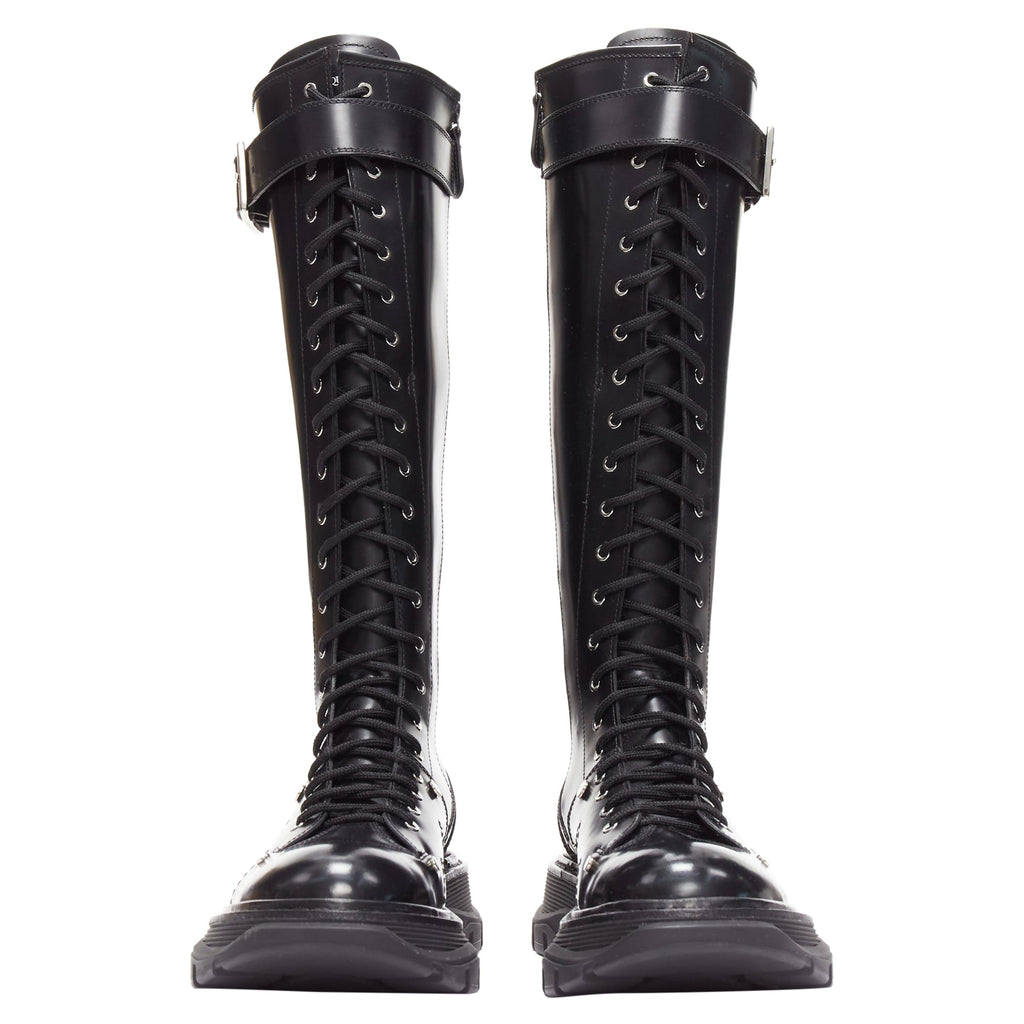 Women's Alexander McQueen Tread leather lace up combat knitee high boot