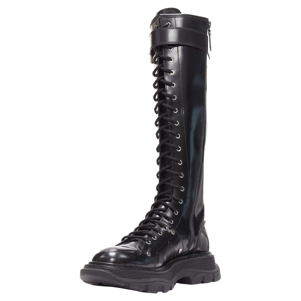 Women's Alexander McQueen Tread leather lace up combat knitee high boot