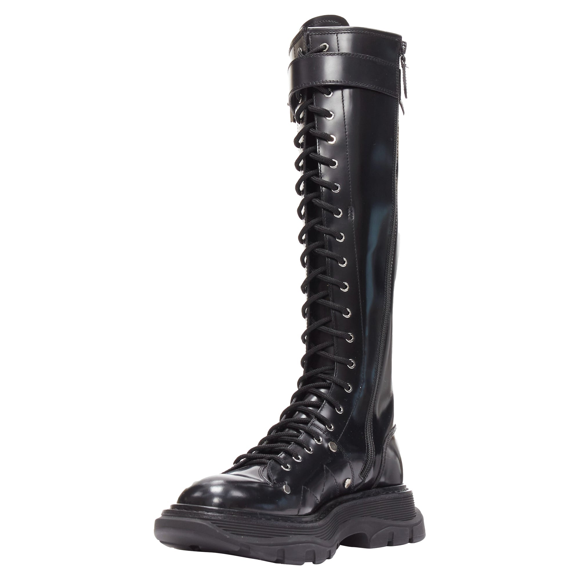 Women's Alexander McQueen Tread leather lace up combat knitee high boot