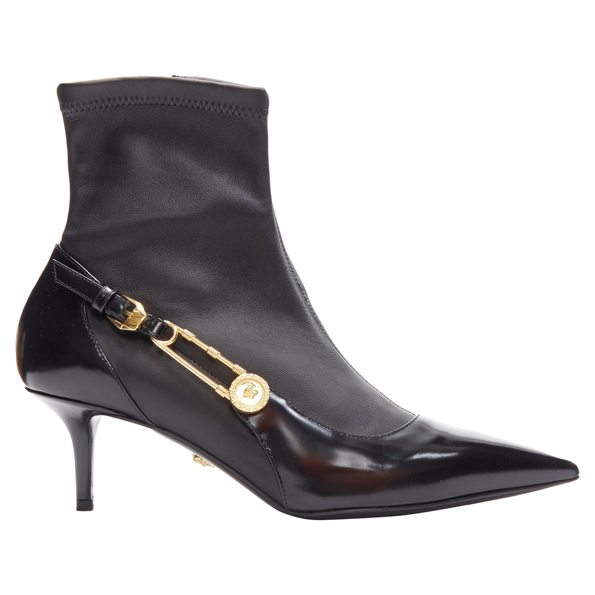 Women's Versace Medusa Punk Safety Pin leather kitten heel bootie