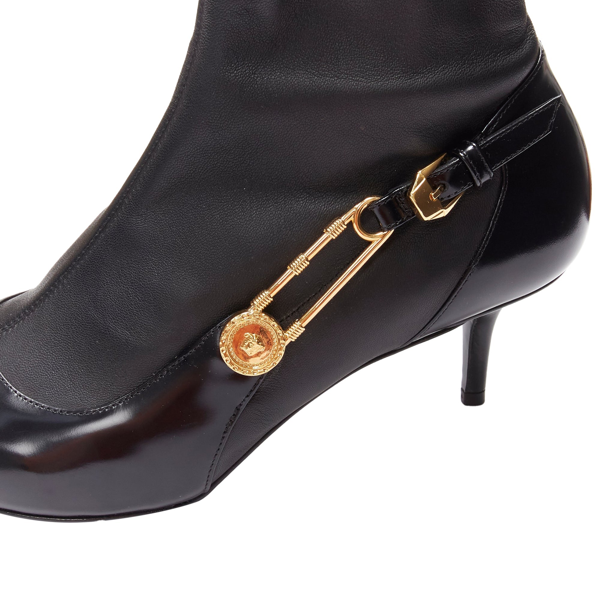 Women's Versace Medusa Punk Safety Pin leather kitten heel bootie