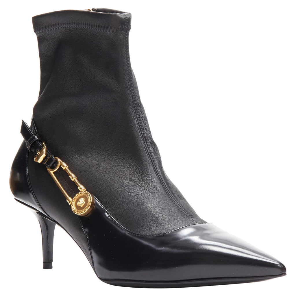 Women's Versace Medusa Punk Safety Pin leather kitten heel bootie