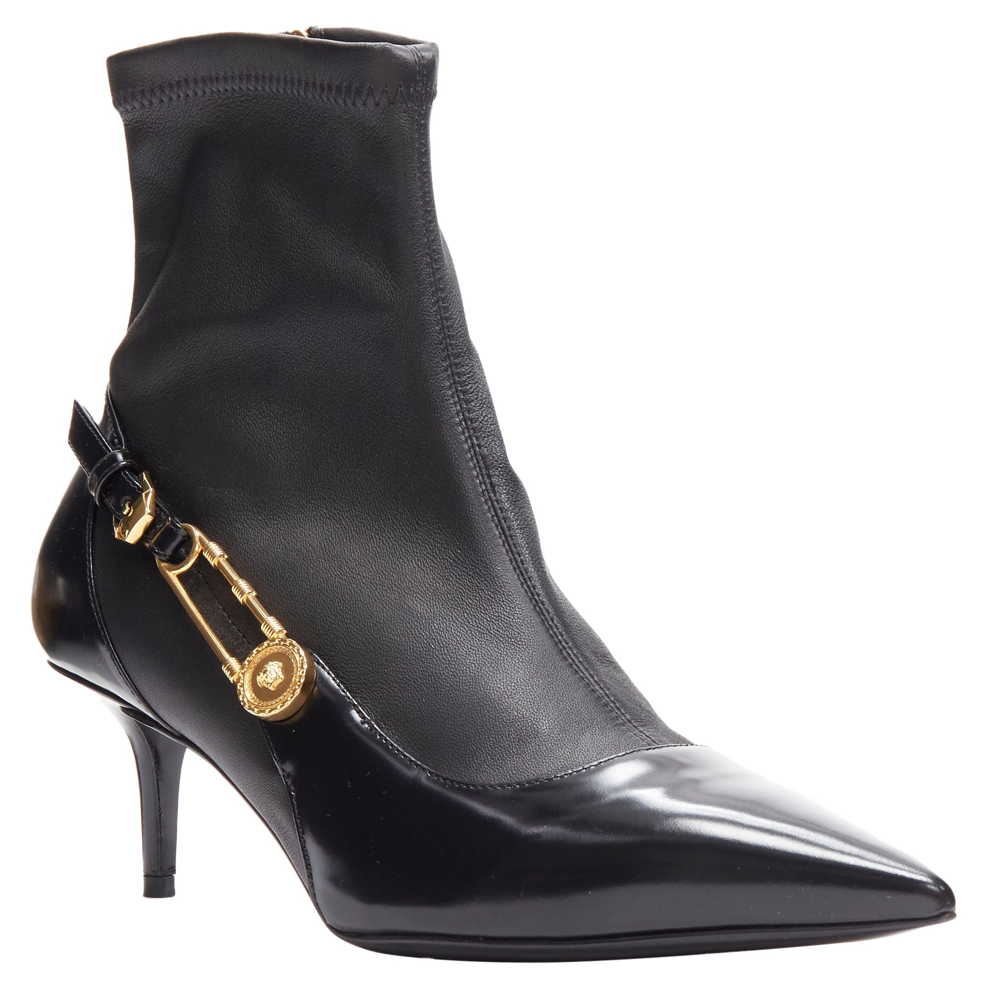 Women's Versace Medusa Punk Safety Pin leather kitten heel bootie