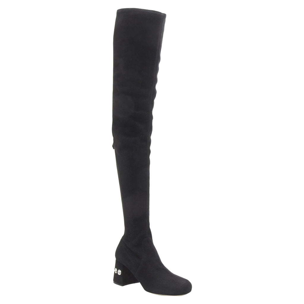 Women's Miu Miu suede jewelled crystal heel pull on over knee boot