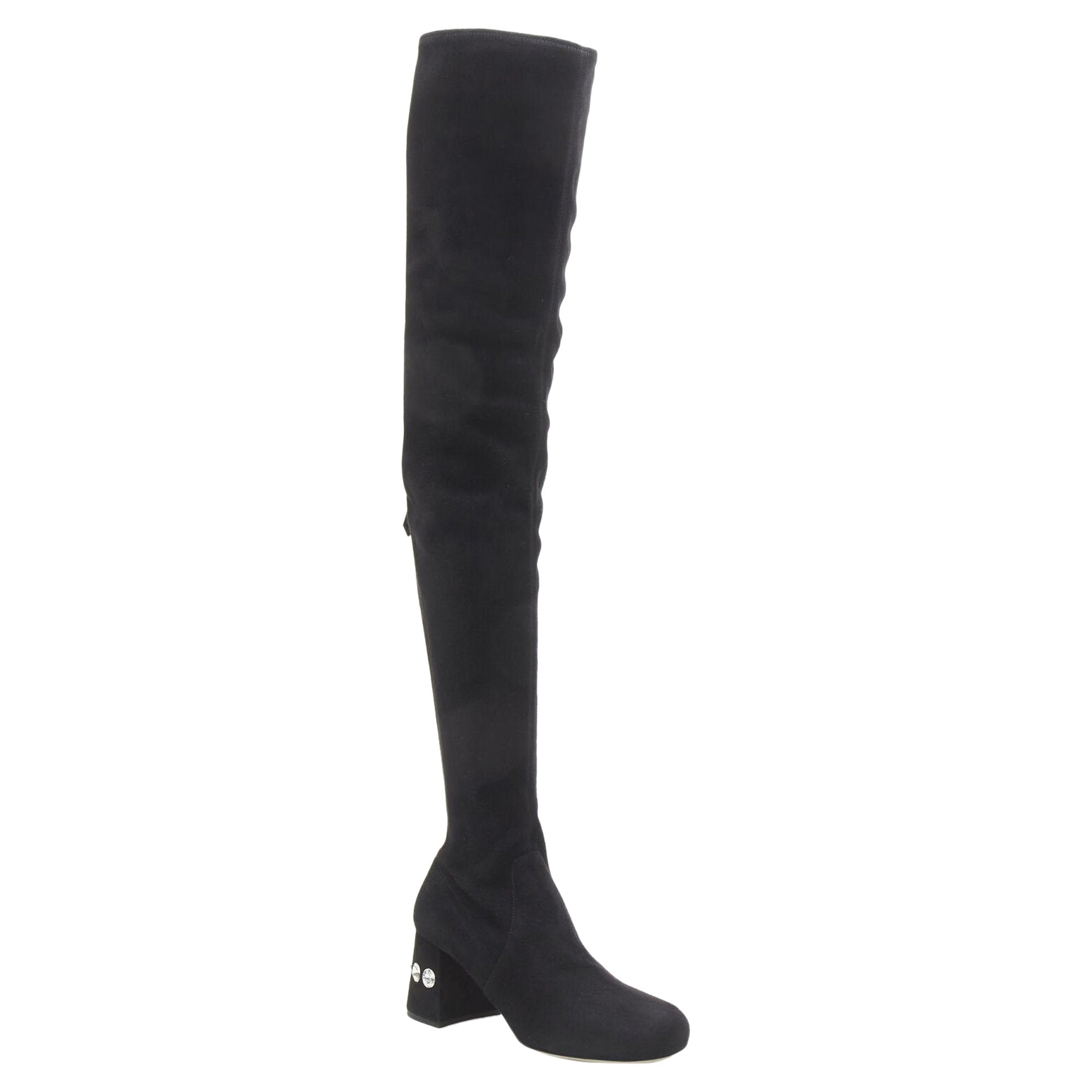 Women's Miu Miu suede jewelled crystal heel pull on over knee boot