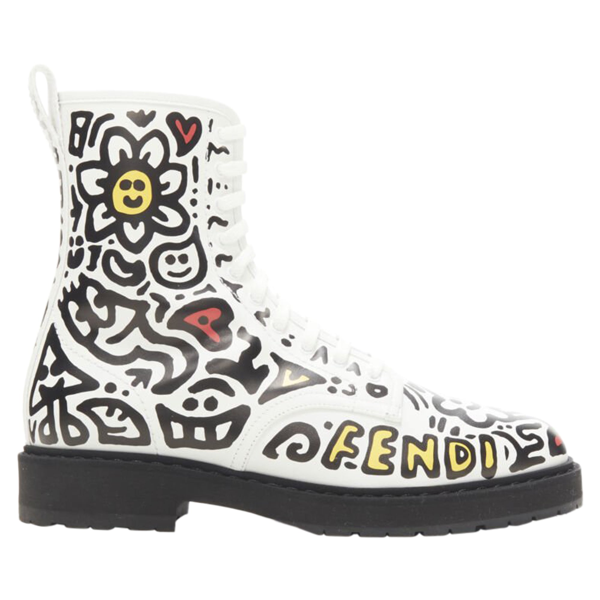 Women's Fendi Mr Doodle logo graffiti print laced combat ankle boot