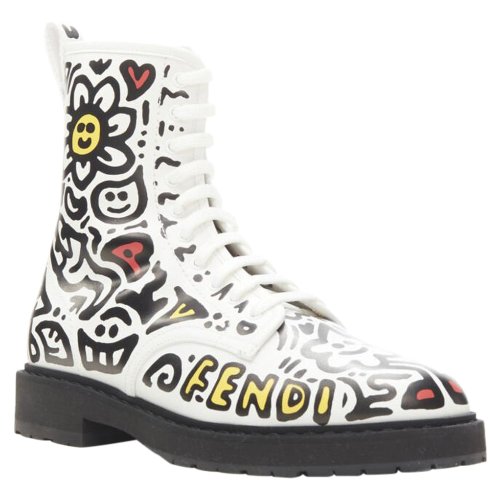 Women's Fendi Mr Doodle logo graffiti print laced combat ankle boot