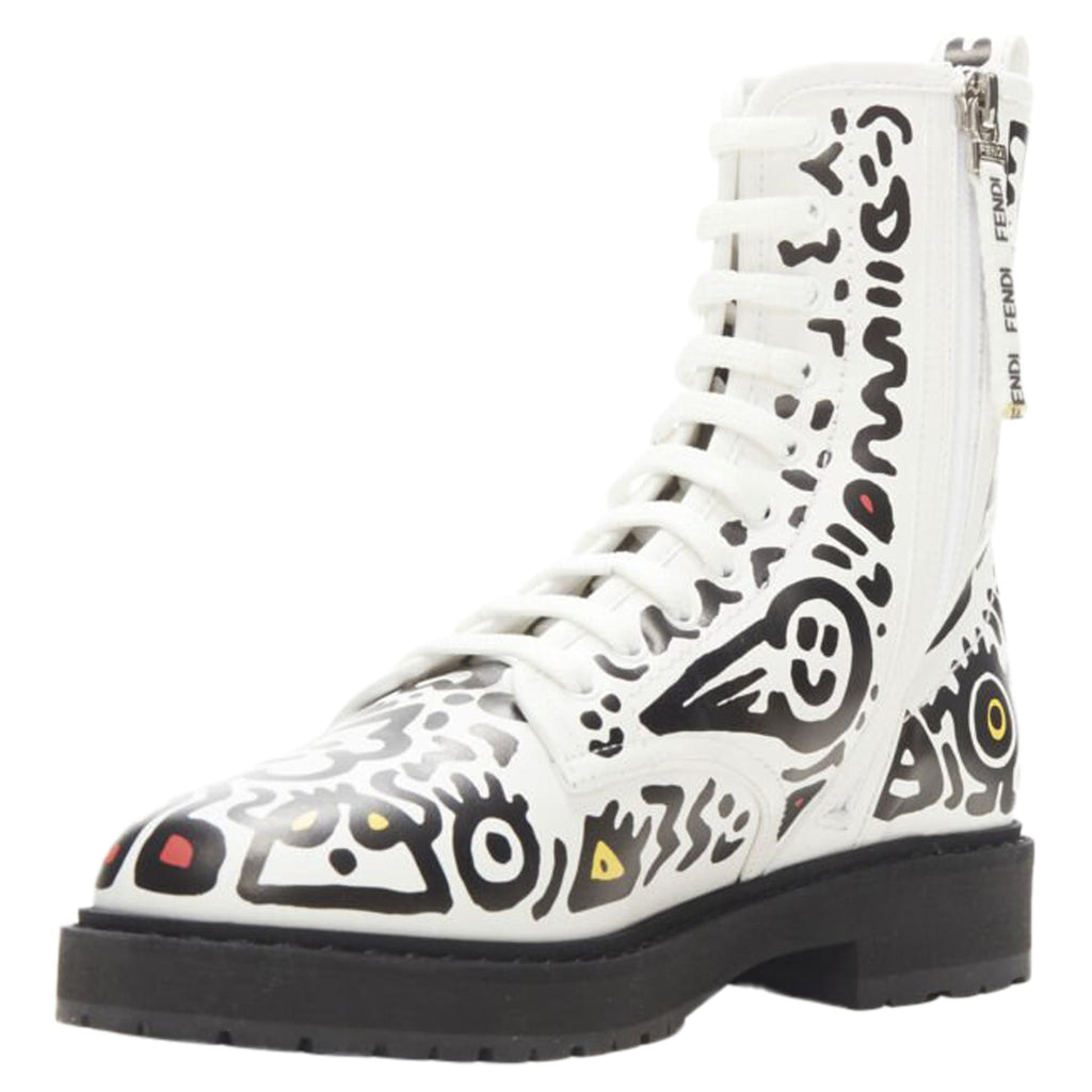 Women's Fendi Mr Doodle logo graffiti print laced combat ankle boot