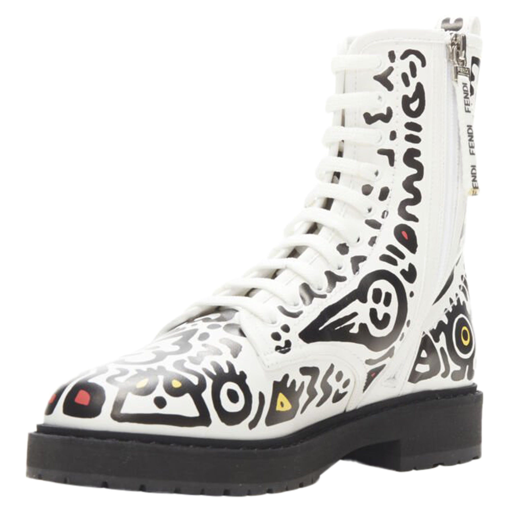 Women's Fendi Mr Doodle logo graffiti print laced combat ankle boot