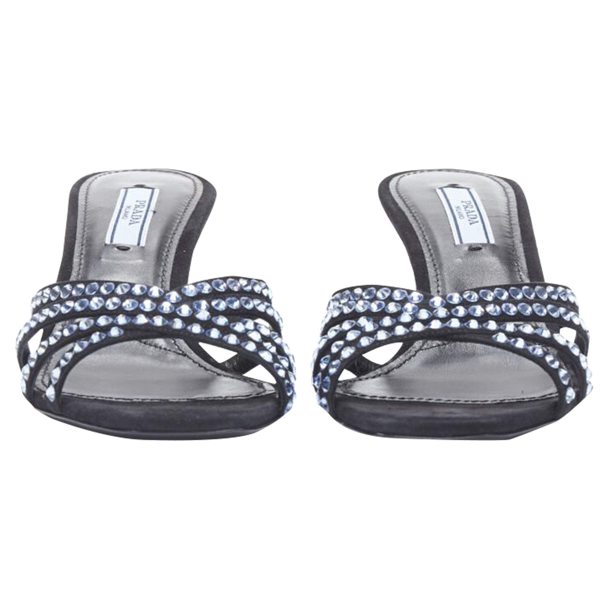 Women's Prada crystal rhinestone strappy open toe mid heel sandal
