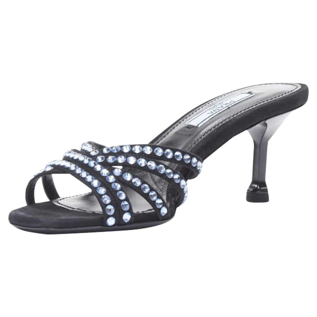 Women's Prada crystal rhinestone strappy open toe mid heel sandal
