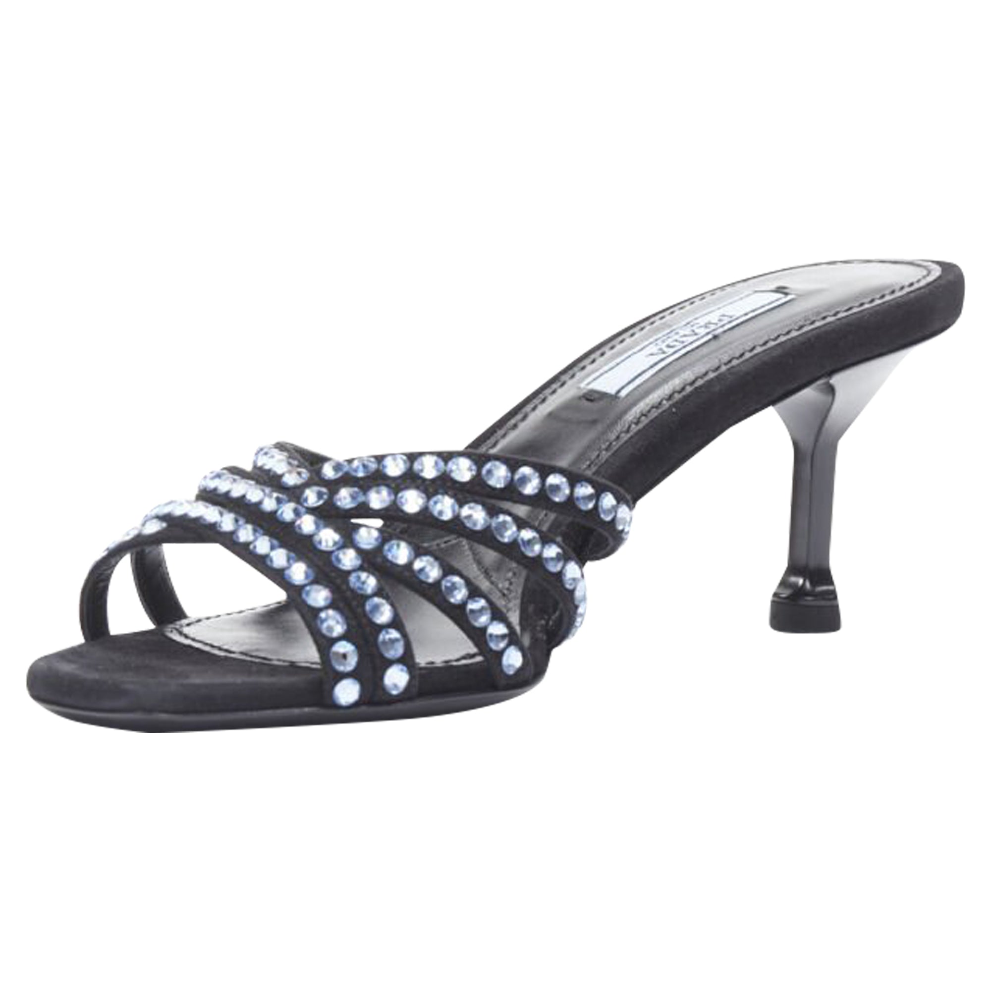 Women's Prada crystal rhinestone strappy open toe mid heel sandal
