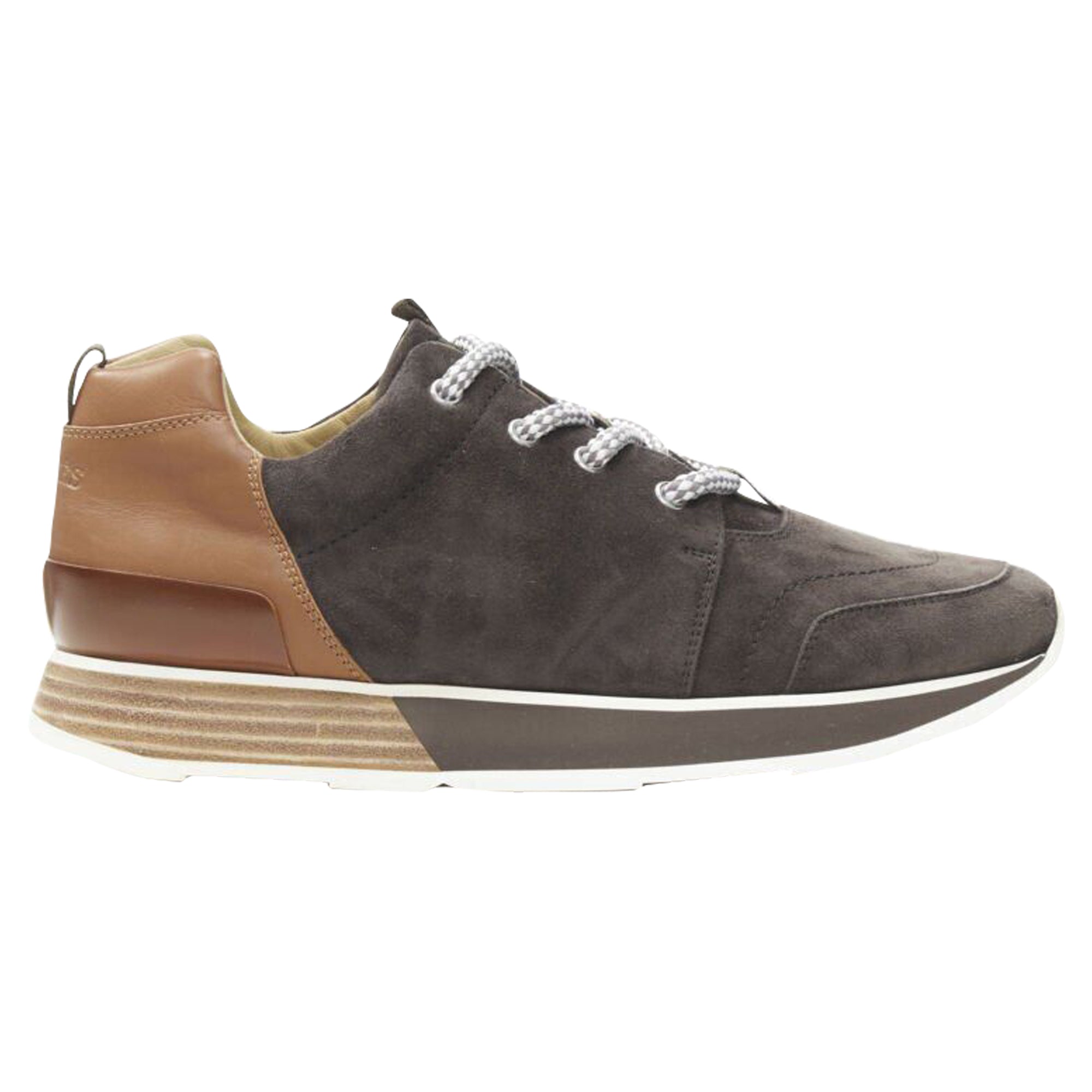 Men's Hermes suede lace up wooden rubber sole low sneaker