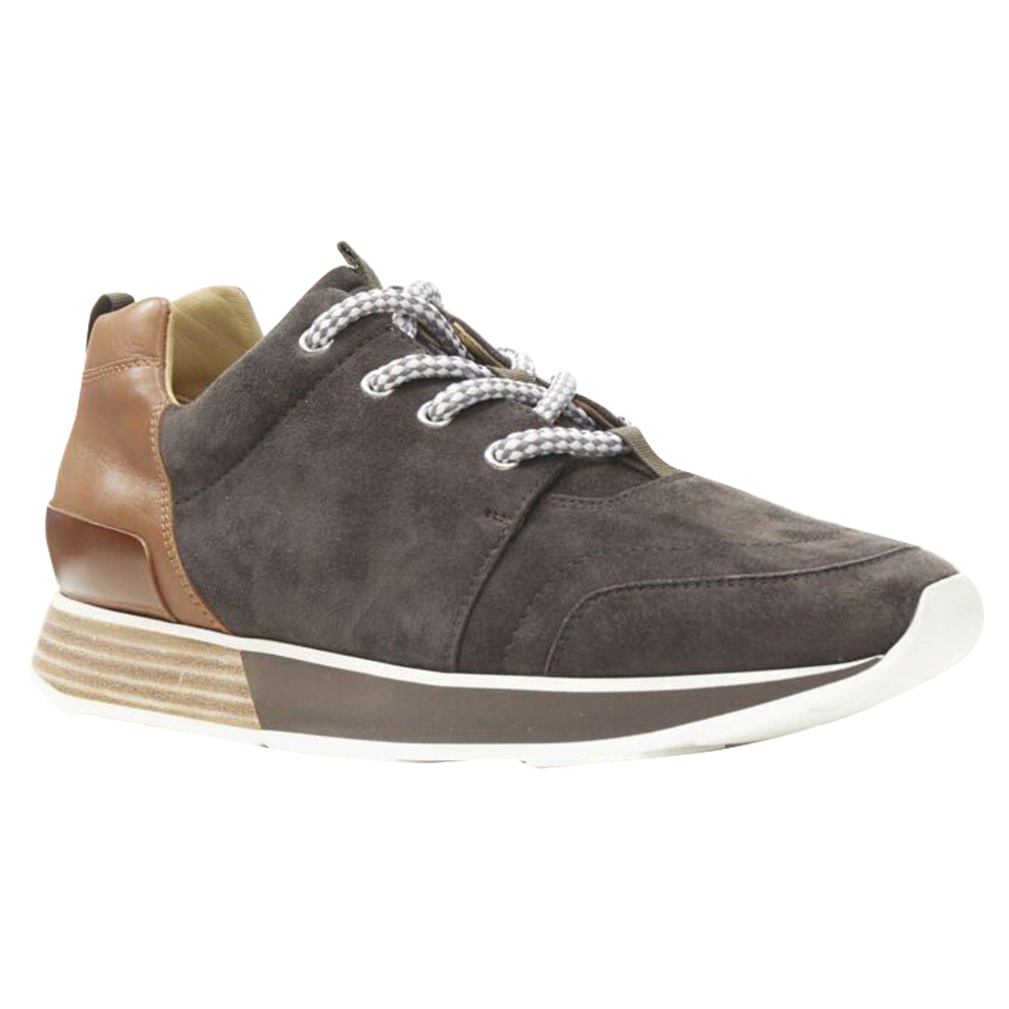 Men's Hermes suede lace up wooden rubber sole low sneaker