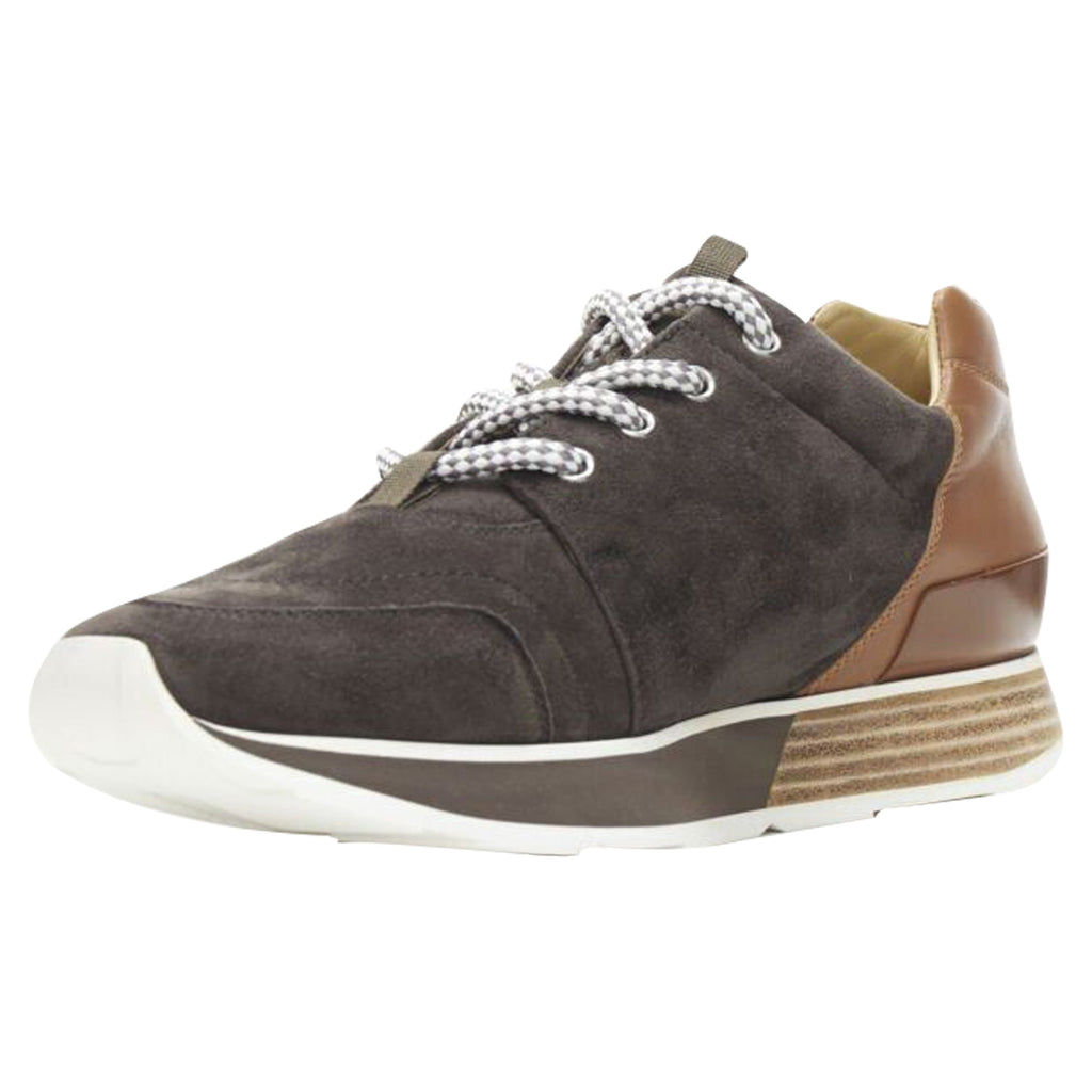 Men's Hermes suede lace up wooden rubber sole low sneaker