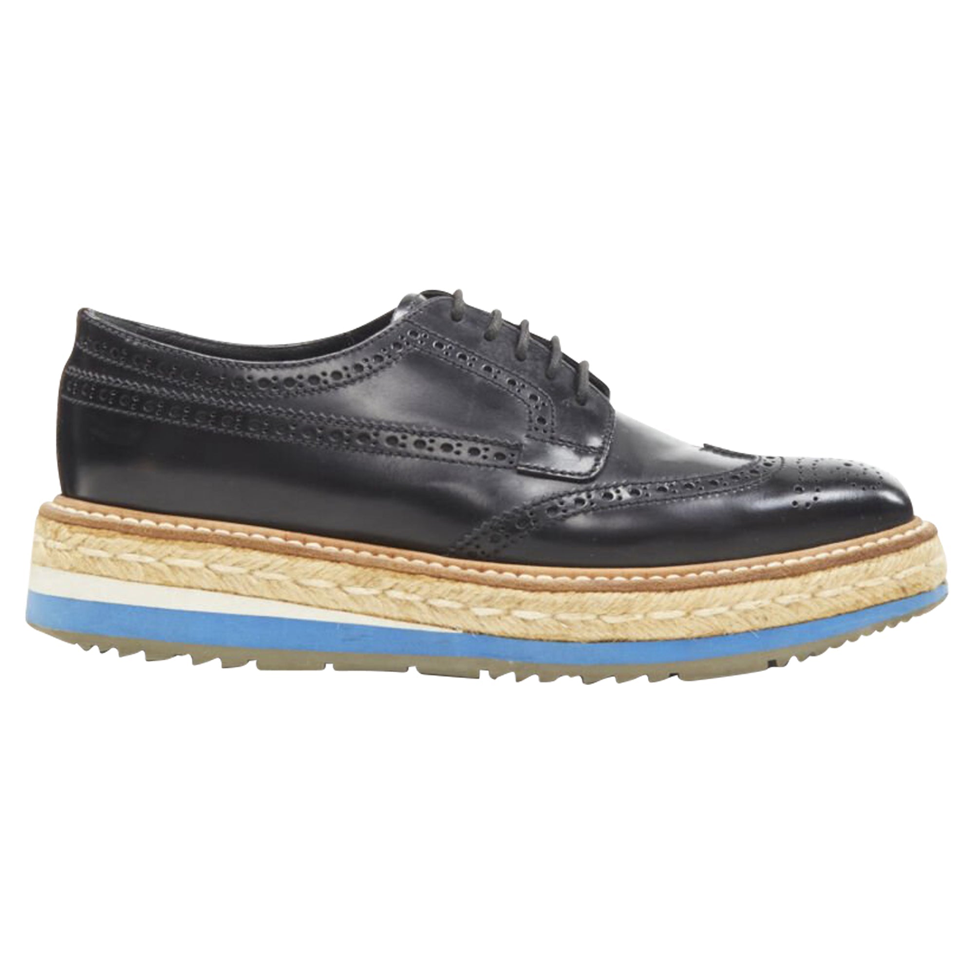 Women's Prada perforated leather jute espadrille platform brogue
