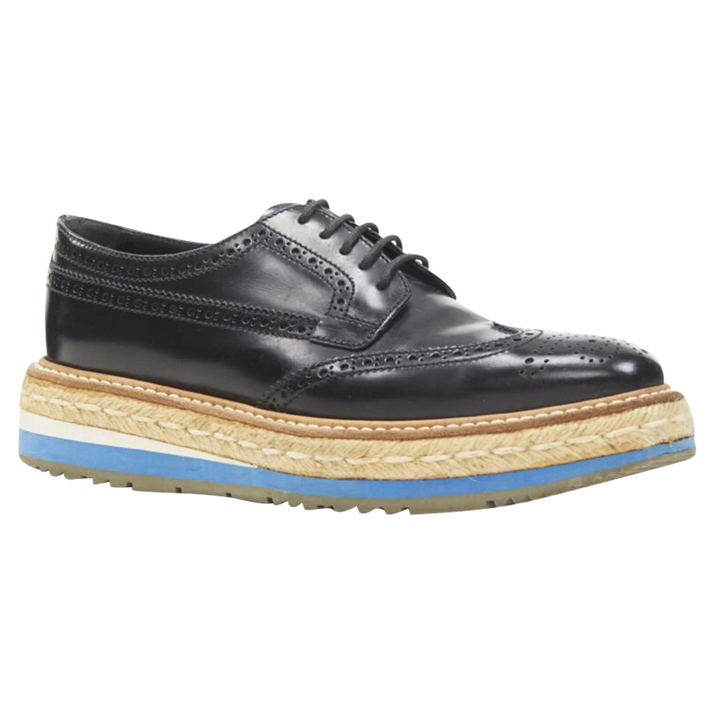 Women's Prada perforated leather jute espadrille platform brogue