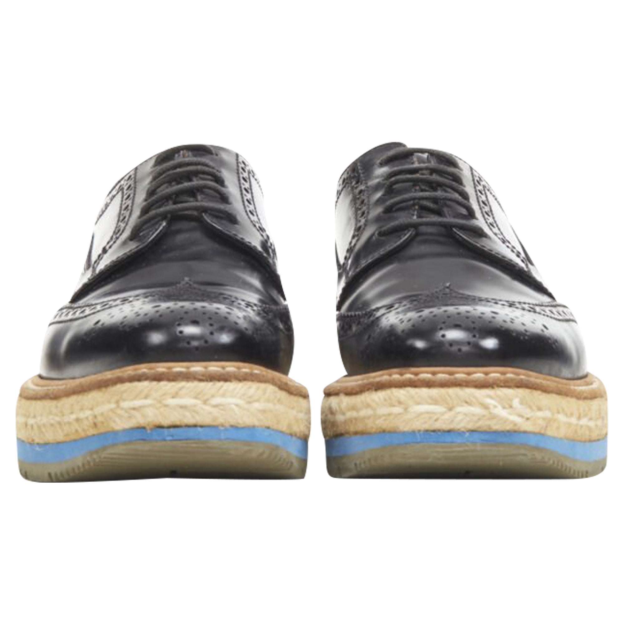 Women's Prada perforated leather jute espadrille platform brogue