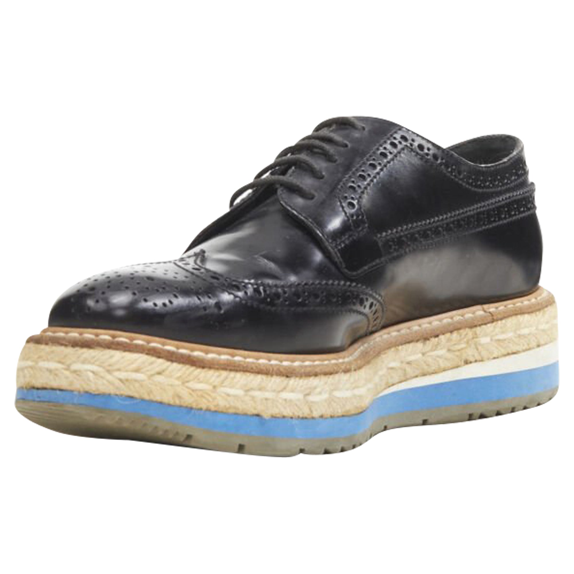 Women's Prada perforated leather jute espadrille platform brogue