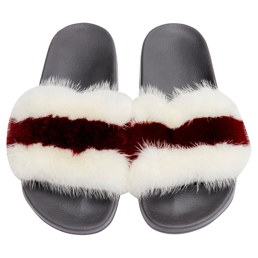 Women's Givenchy Tisci fox fur stripes debossed logo pool slides