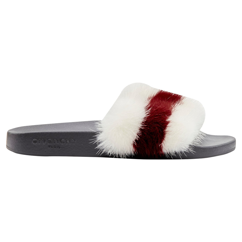 Women's Givenchy Tisci fox fur stripes debossed logo pool slides