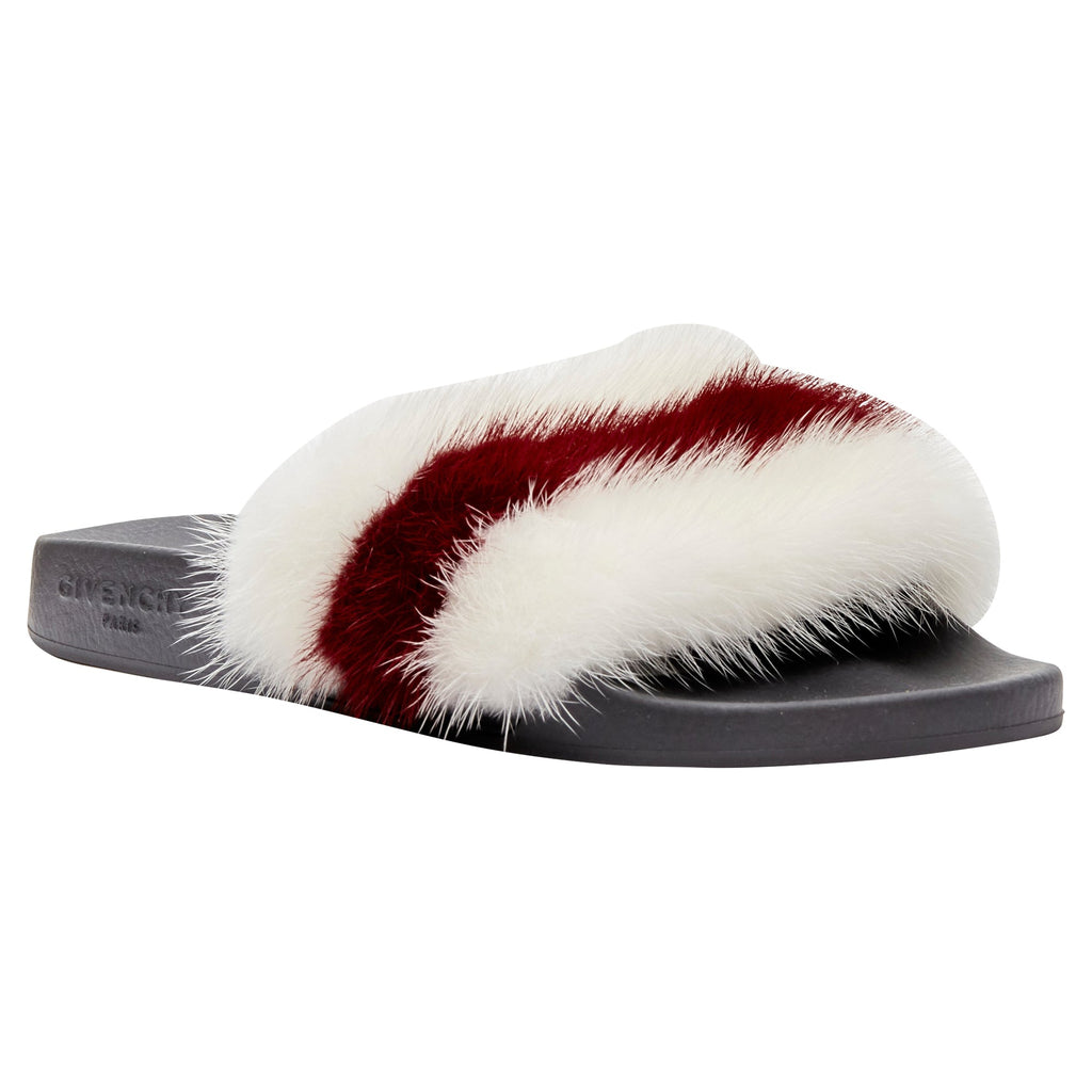 Women's Givenchy Tisci fox fur stripes debossed logo pool slides