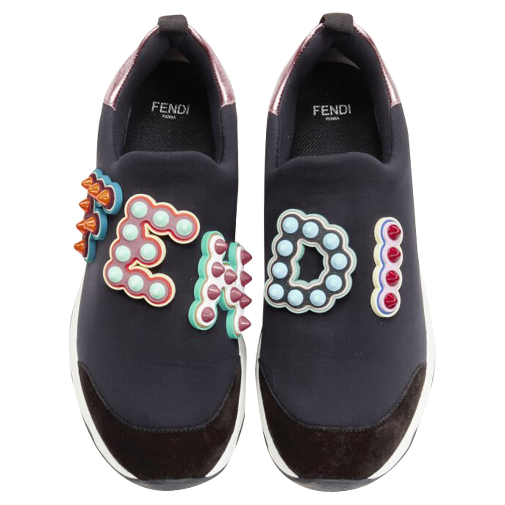 Women's Fendi Fun Fair studded logo black pink neoprene low sneaker