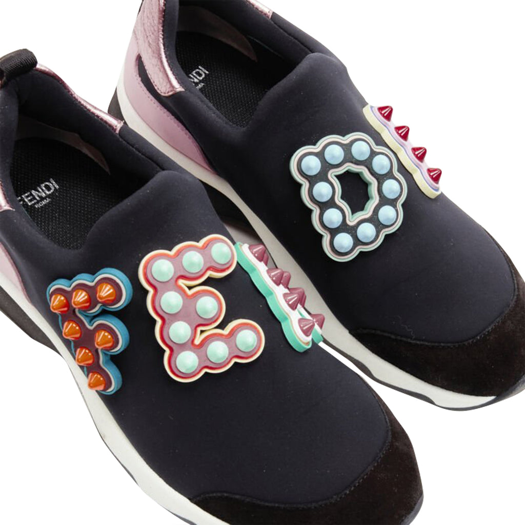 Women's Fendi Fun Fair studded logo black pink neoprene low sneaker