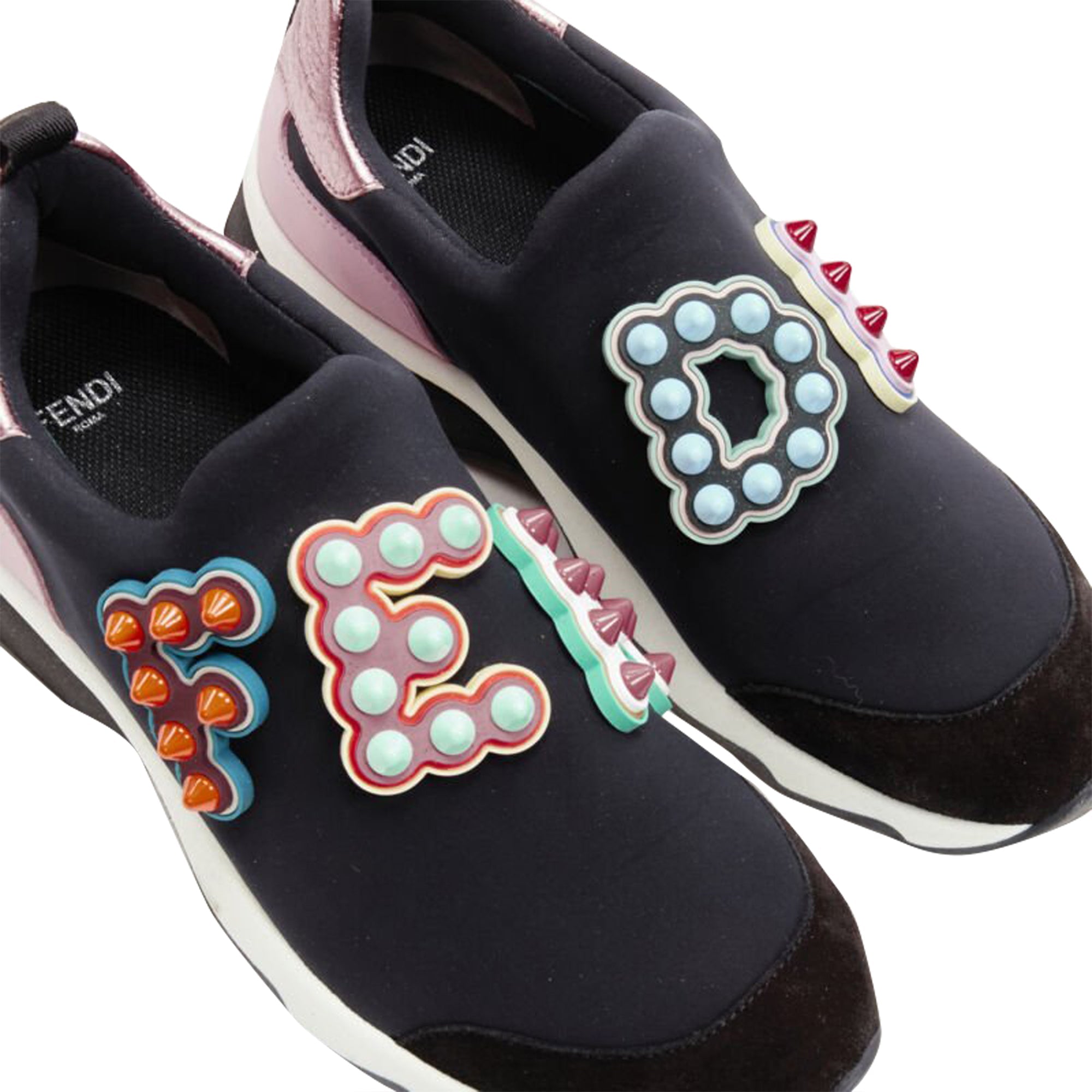 Women's Fendi Fun Fair studded logo black pink neoprene low sneaker