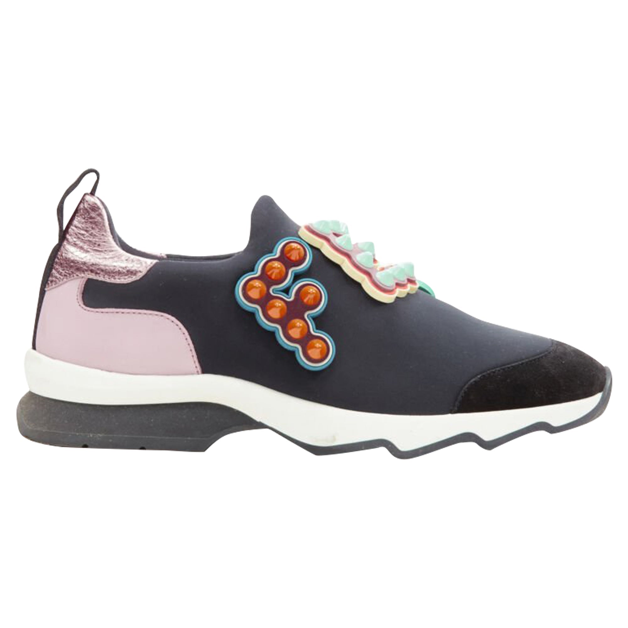 Women's Fendi Fun Fair studded logo black pink neoprene low sneaker