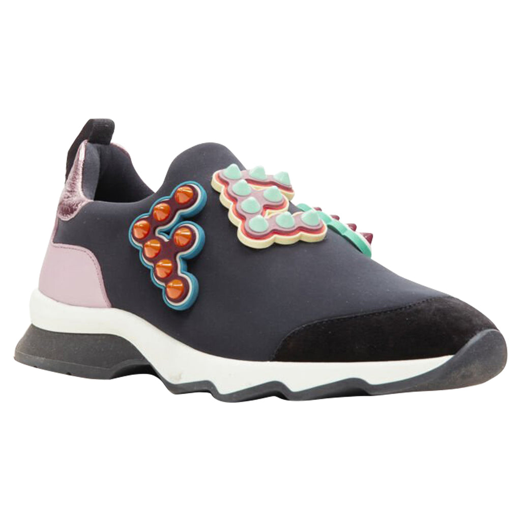 Women's Fendi Fun Fair studded logo black pink neoprene low sneaker