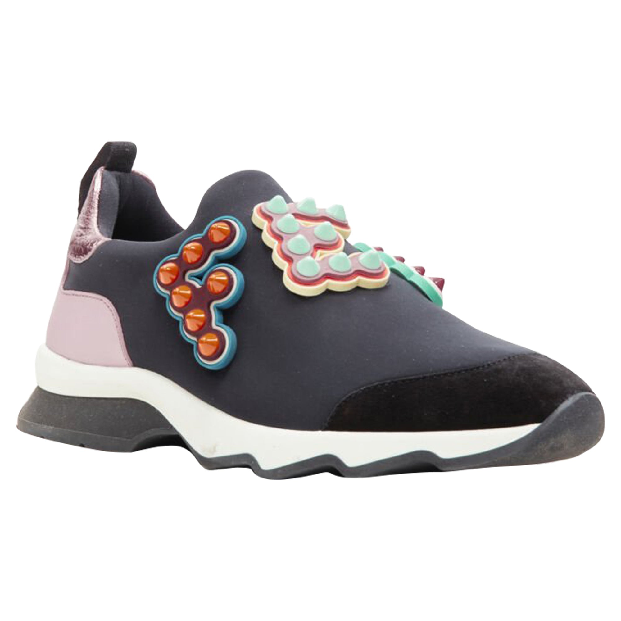 Women's Fendi Fun Fair studded logo black pink neoprene low sneaker