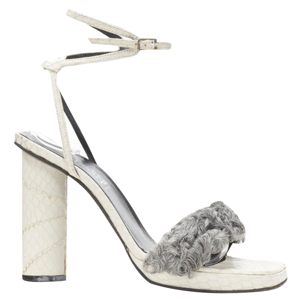 Women's Gianni Versace white grey shearling ankle strap cone heel sandal