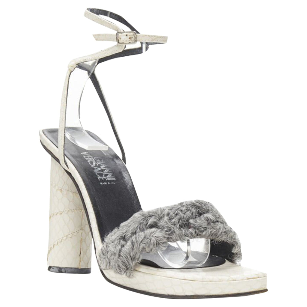 Women's Gianni Versace white grey shearling ankle strap cone heel sandal